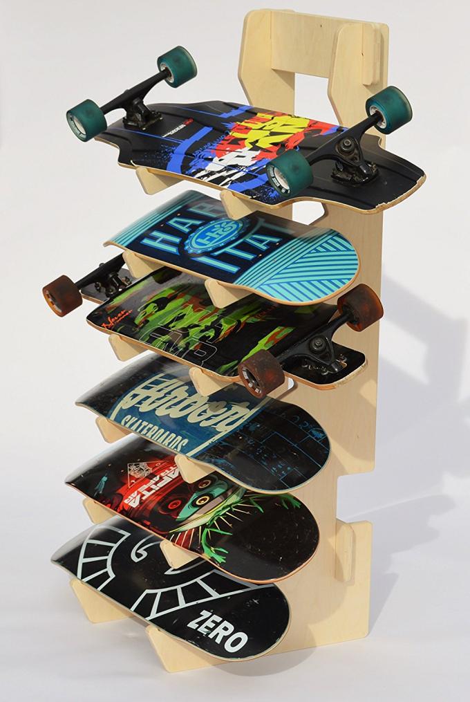 Exposição de madeira da cremalheira do skate do assoalho das cremalheiras de exposição do logotipo feito sob encomenda para a loja