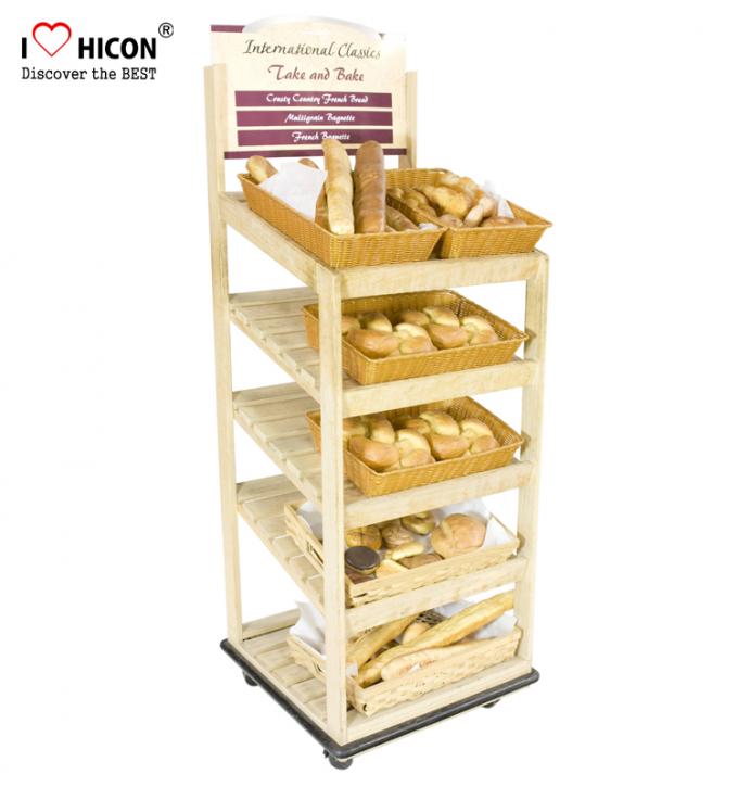 Assoalho varejo que está o suporte de exposição de madeira do pão para a loja da padaria/lojas de alimento
